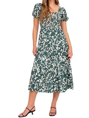 Floral Puff Sleeve Smocked Midi Dress